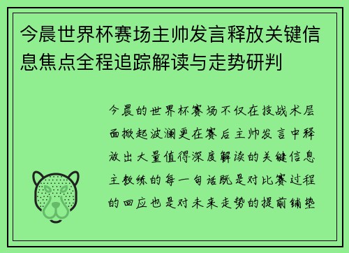 今晨世界杯赛场主帅发言释放关键信息焦点全程追踪解读与走势研判