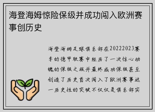 海登海姆惊险保级并成功闯入欧洲赛事创历史 海登海姆惊险保级并成功闯入欧洲赛事创历史